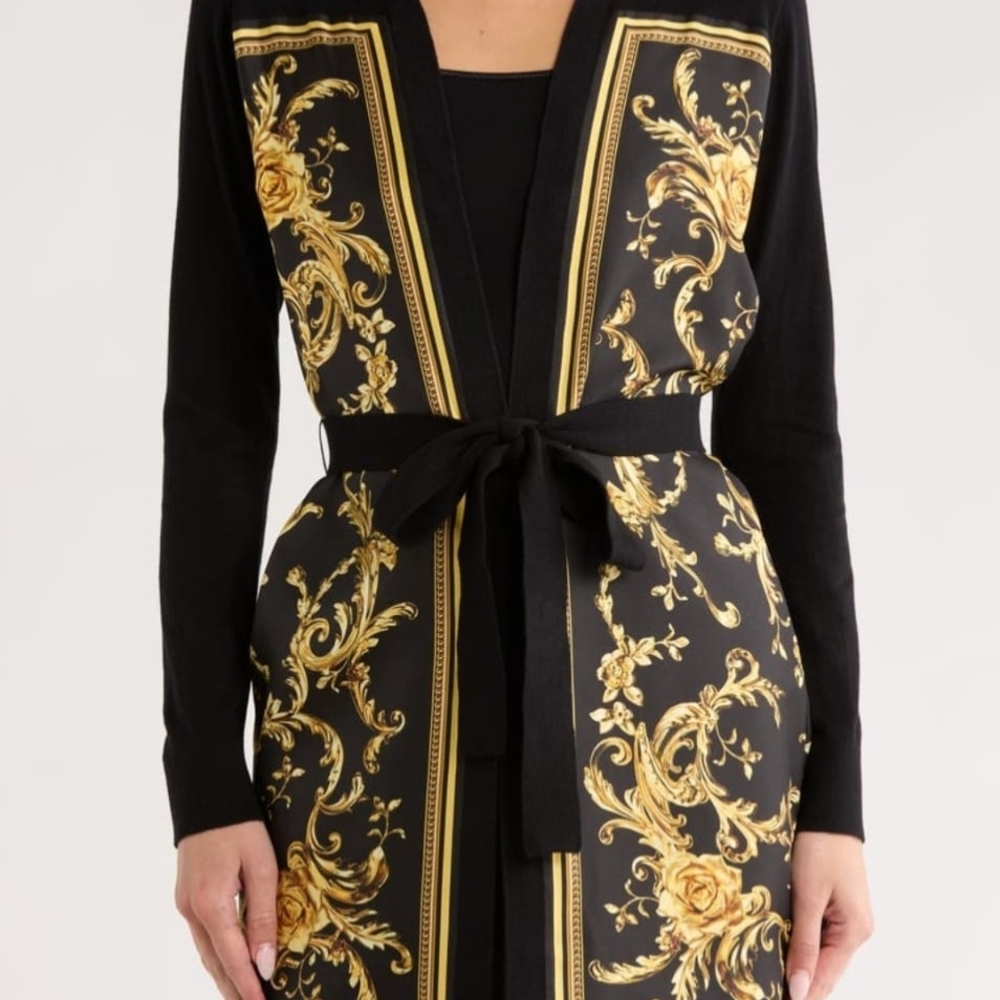 Black & Gold Baroque Tie-Waist Coatigan